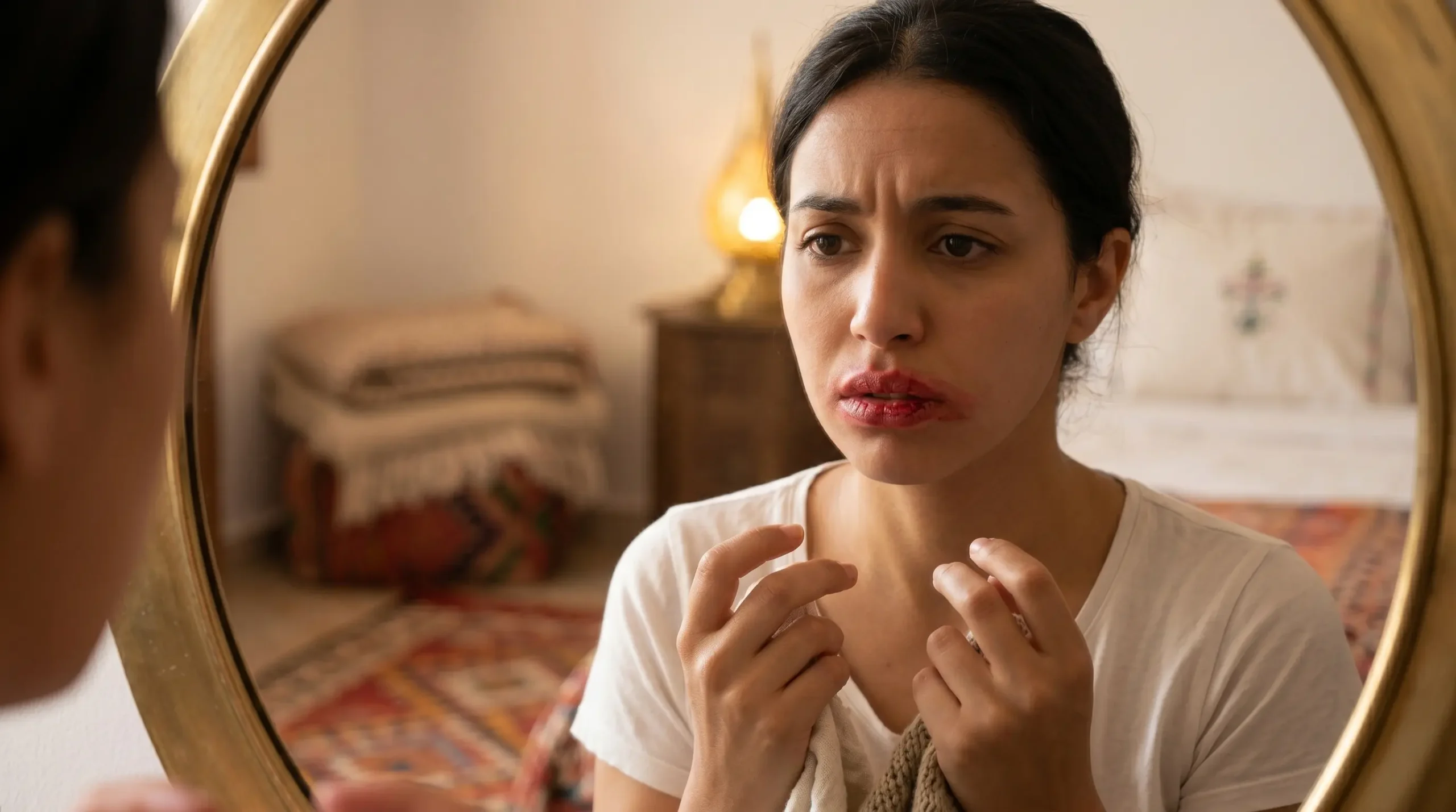 امرأة مغربية غير راضية عن أحمر شفاهها